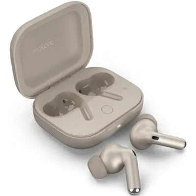 Kopfhörer Motorola Buds Plus kabellos Bluetooth mit Geräuschunterdrückung, Sound by Bose, Dolby Atmos, kabelloses Laden, Sand