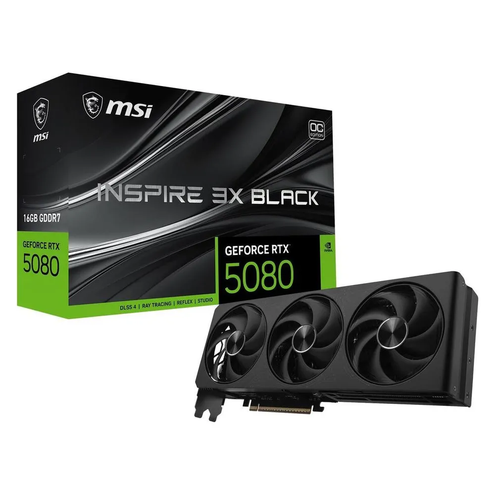 MSI GeForce RTX 5080 INSPIRE 3X OC Grafikkarte 16GB GDDR7 DLSS4 RTX AI Reflex 2 Premium-Triple-Lüfter-Kühlung