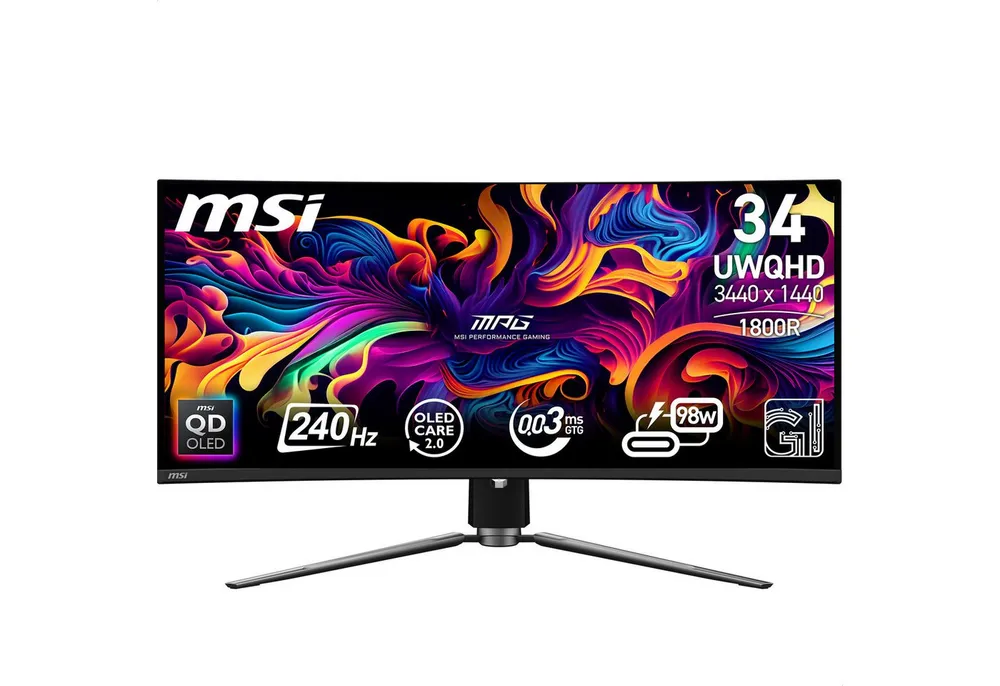 MSI MPG 341CQPX QD Curved-Gaming-OLED-Monitor (86,8 cm/34 ", 3440 x 1440 px, UWQHD, 0,03 ms Reaktionszeit, 240 Hz, OLED, 3 Jahre Herstellergarantie, höhenverstellbar, USB-C)