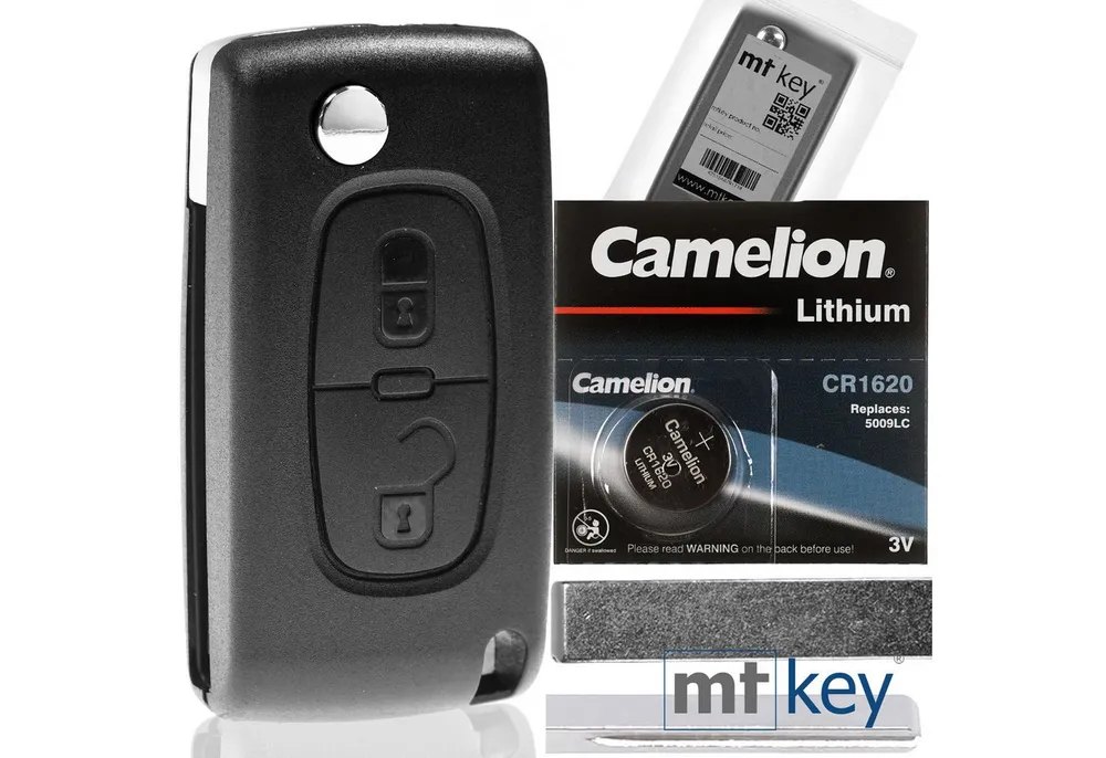 mt-key Klapp Schlüssel Reparatur Gehäuse 2 Tasten + HU83 Rohling + 1x CR1620 Knopfzelle, CR1620 (3 V), für Peugeot Citroen 208 207 307 308 FIAT Funk Fernbedienung