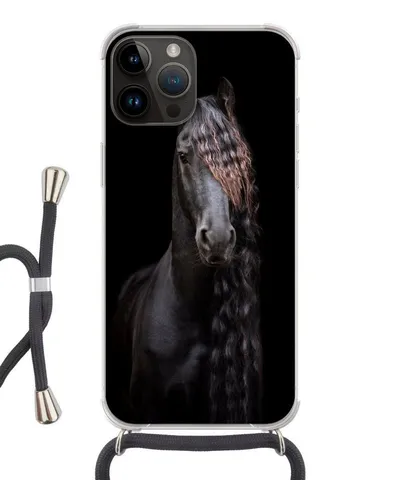 MuchoWow Handyhülle für Apple iPhone 14 Pro Max Pferde - Friesisch - Mähne - Schwarz - Tie, Tragbare Handyhüllen mit Kette zum umhängen, Handykette Handyband