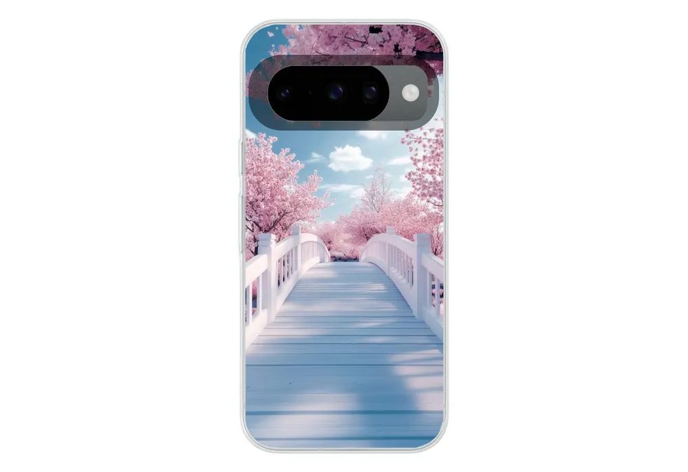 MuchoWow Handyhülle für Google Pixel 10 Pro Brücke - Kirschbäume - Weiß, Handy Case, Silikon, Bumper Case Dünn