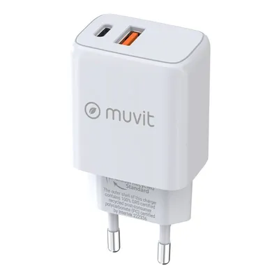 Muvit For Change Wandladegerät 1 USB QC 3.0 18 W + 1 USB-C Pd 25 W Weiß