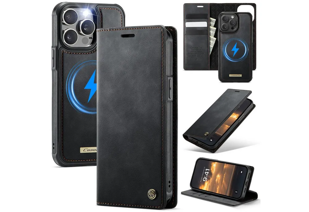 Mycotech Handyhülle Premium 2in1 Klapphülle mit abnehmbarem Magnet Case MagSafe Für iPhone 15 Pro Max, Schwarz