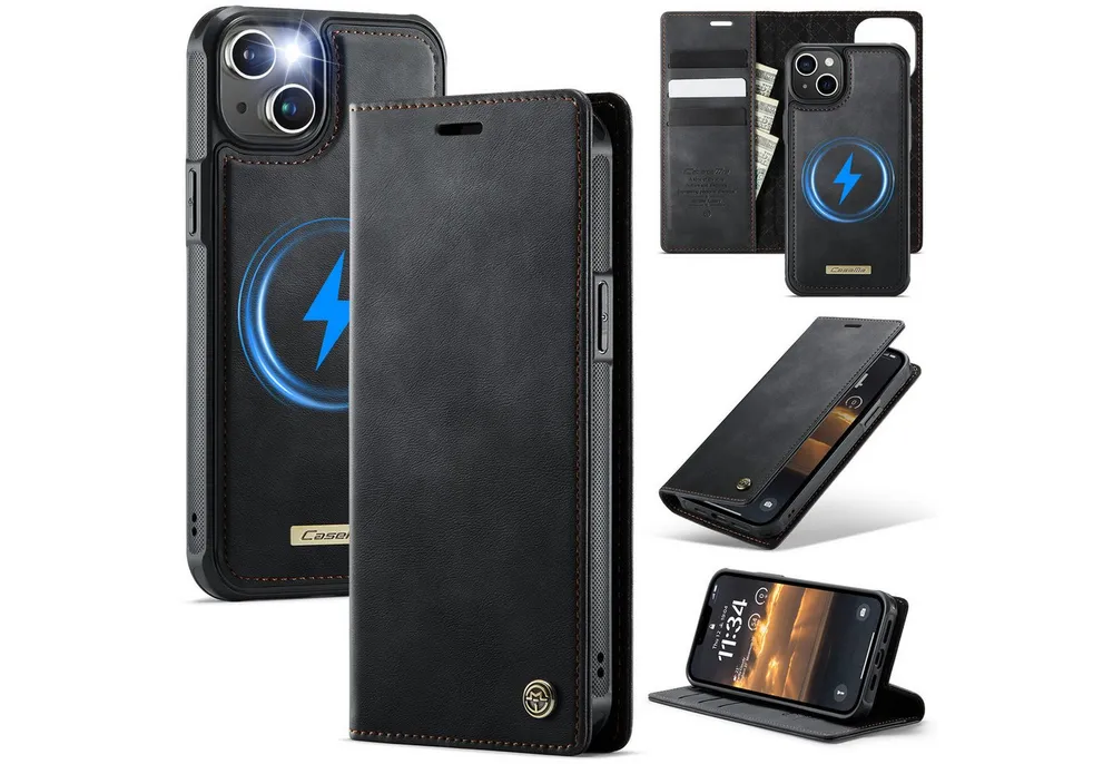 Mycotech Handyhülle Premium 2in1 Klapphülle mit abnehmbarem Magnet Case MagSafe Für iPhone 15, Schwarz