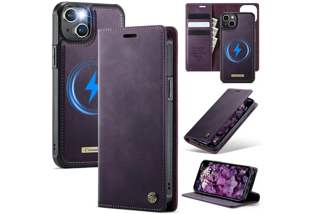 Mycotech Handyhülle Premium 2in1 Klapphülle mit abnehmbarem Magnet Case MagSafe Für iPhone 15, Lila