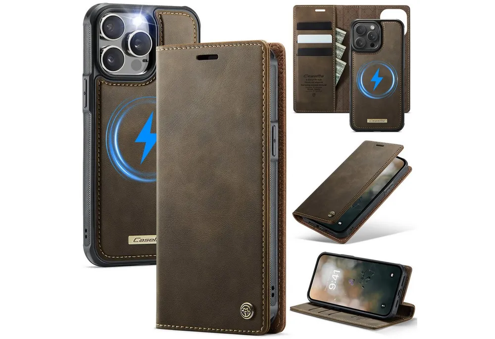 Mycotech Handyhülle Premium 2in1 Klapphülle mit abnehmbarem Magnet Case MagSafe Für iPhone 15 Pro Max, Braun