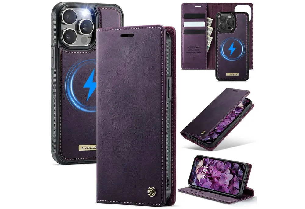 Mycotech Handyhülle Premium 2in1 Klapphülle mit abnehmbarem Magnet Case MagSafe Für iPhone 15 Pro, Lila