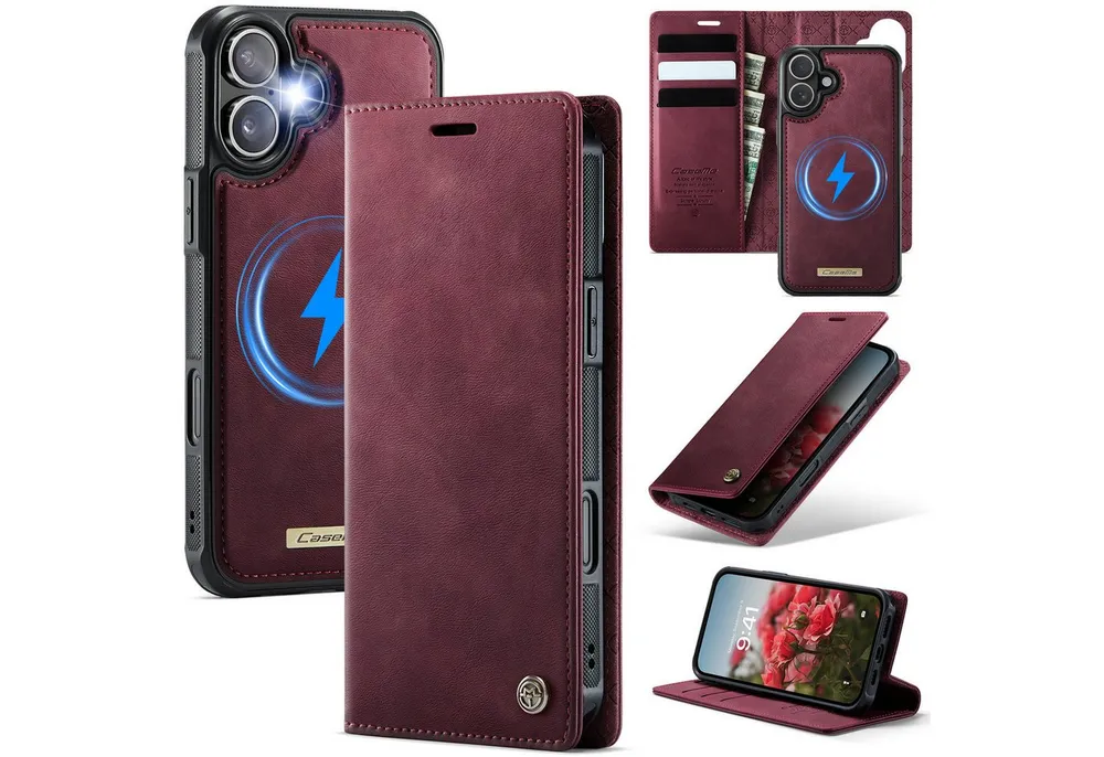 Mycotech Handyhülle Premium 2in1 Klapphülle mit abnehmbarem Magnet Case MagSafe Für iPhone 16, Weinrot
