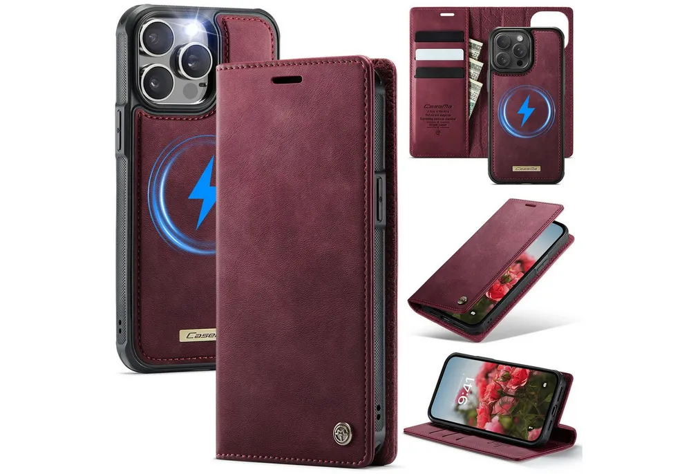 Mycotech Handyhülle Premium 2in1 Klapphülle mit abnehmbarem Magnet Case MagSafe Für iPhone 15 Pro, Weinrot
