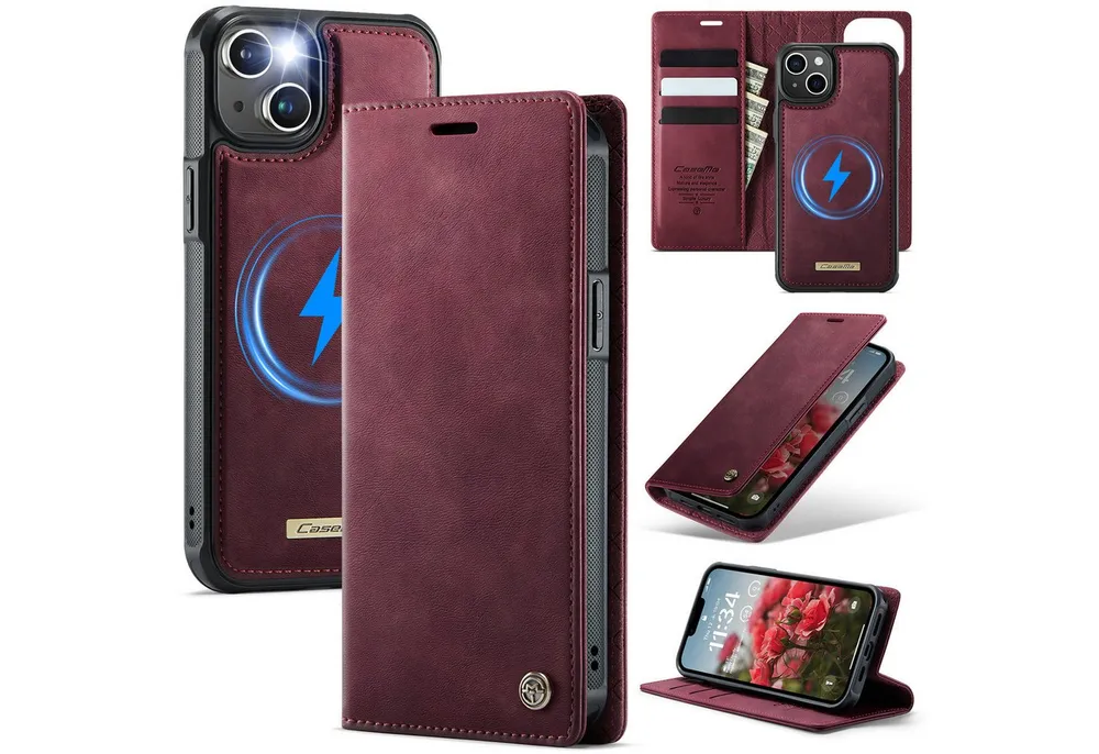 Mycotech Handyhülle Premium 2in1 Klapphülle mit abnehmbarem Magnet Case MagSafe Für iPhone 15, Weinrot