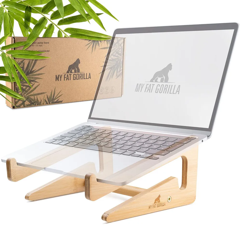MyFatGorilla Laptop-Ständer aus Bambus, Notebook Ständer für 10-15 Zoll, Schreibtisch Zubehör, (bis 15 Zoll, MacBook Stand, Laptop Halter Holz, Laptop Erhöhung, Notebookständer, vertikaler Laptop Stand)