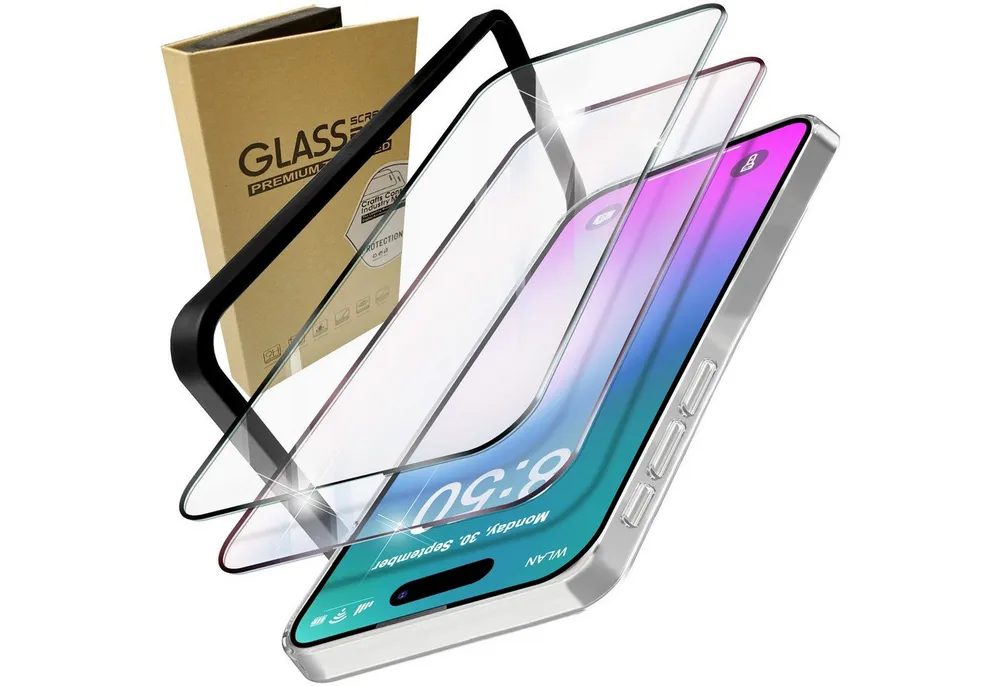 Nalia Schutzfolie Apple iPhone 16 Pro, 2x Schutzglas & 1x Schablone / Klarer Displayschutz mit schwarzem Rand