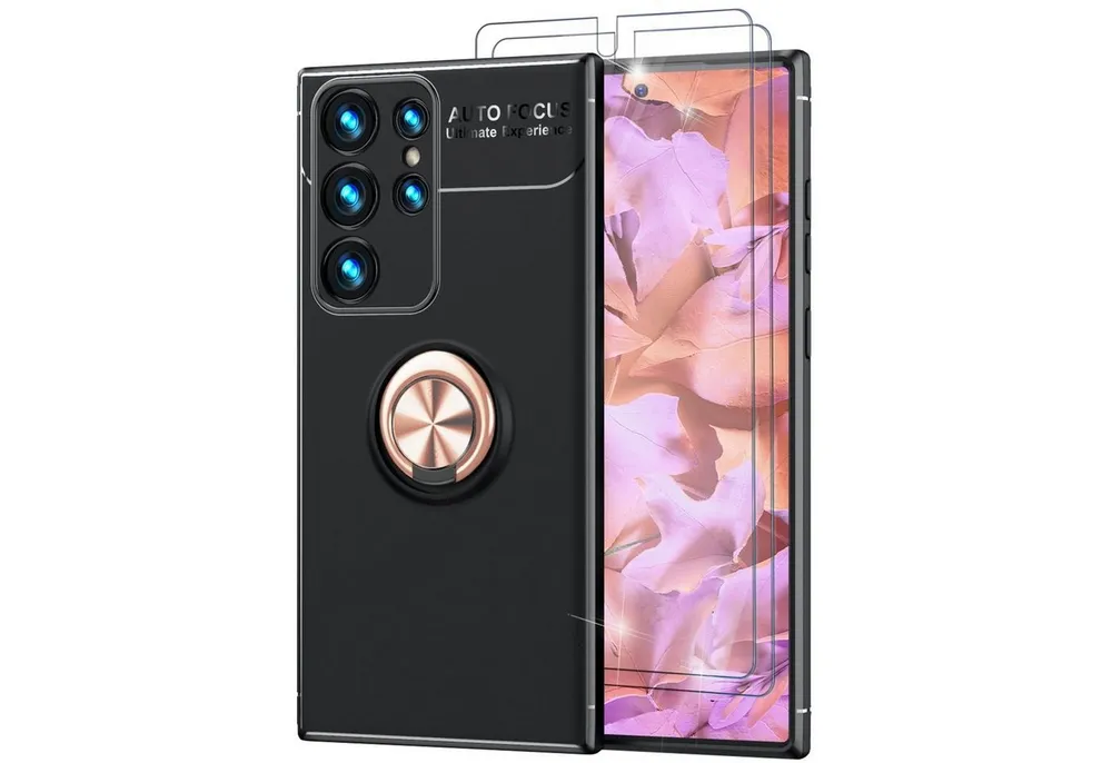 Nalia Smartphone-Hülle Samsung Galaxy S23 Ultra 17,3 cm (6,8 Zoll), Matte Ring Silikon Hülle / 2x Displayschutz / 360° Ring / Aufsteller