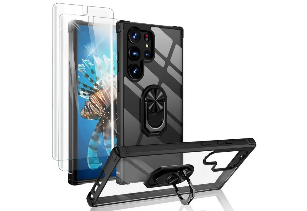 Nalia Smartphone-Hülle Samsung Galaxy S23 Ultra 17,3 cm (6,8 Zoll), Klare Hybrid Ring Hülle / 2x Displayschutz / Standfunktion / Kratzfest