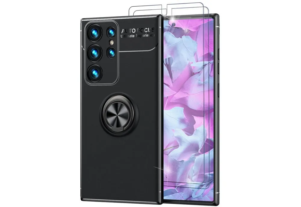 Nalia Smartphone-Hülle Samsung Galaxy S23 Ultra 17,3 cm (6,8 Zoll), Matte Ring Silikon Hülle / 2x Displayschutz / 360° Ring / Aufsteller