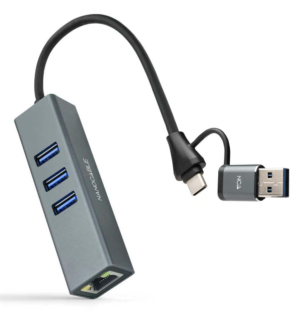 Konverter Nanocable 10.03.0412 USB-C USB-A zu Ethernet 3xUSB 3.0 Aluminium 15 cm
