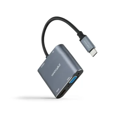 Nanocable USB-C-zu-HDMI/VGA/USB3.0/PD-Konverter 15 cm Grau