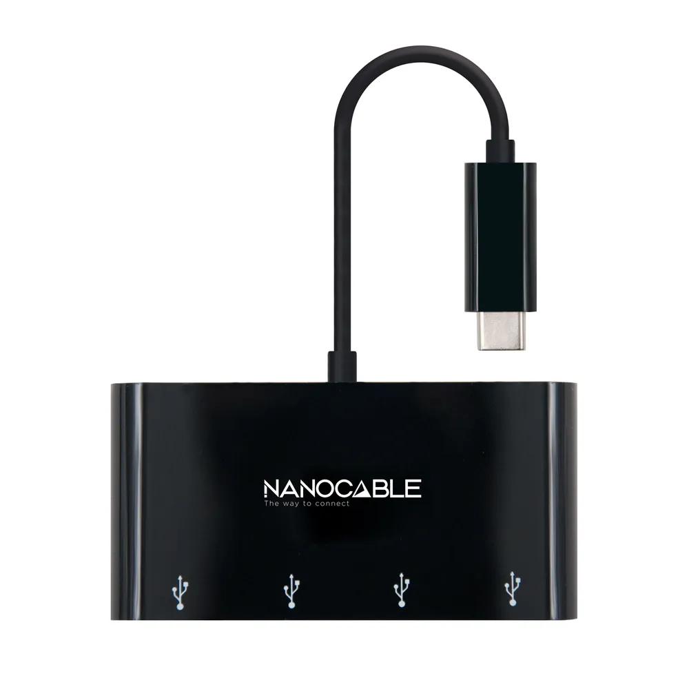 Nanocable USB-C-auf-4x USB 3.0-Adapter. USB-C/M-USB 3.0/F Schwarz 10 cm