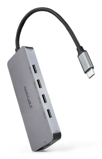 Hub USB-C Nanocable 4x USB-C 10Gbps 100W PD Aluminium Grau 10cm