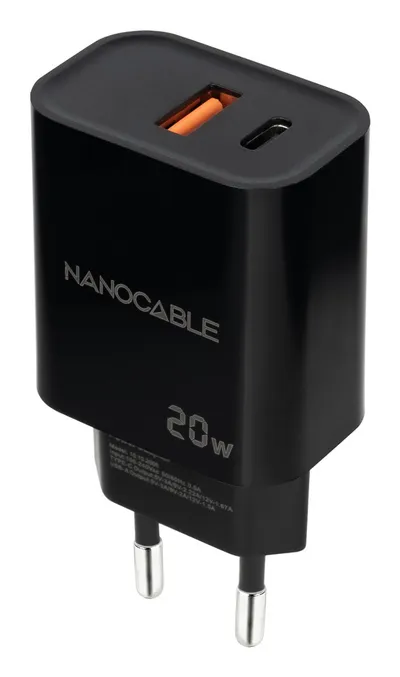 Nanocable Wandladegerät 10.10.2008 20W 1xUSB-A QC 1xUSB-C PD Schwarz