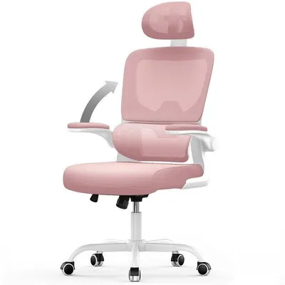 Ergonomischer Bürostuhl Naspaluro Klappbare Armlehnen 90° Lendenwirbelstütze Höhenverstellbar Rosa