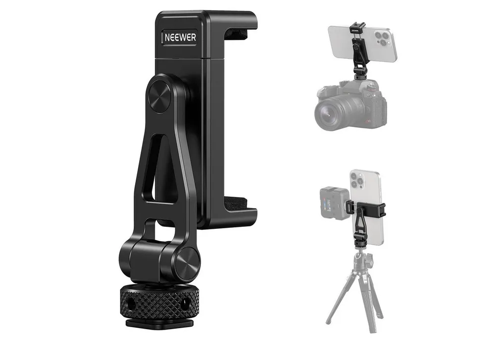 Neewer Handy-Halterung GA010 Metall Handyhalterung mit Kaltblitzschuh & 1/4" Gewinde, (bis 3,3 Zoll, Packung, Drehbare Telefonklammer)