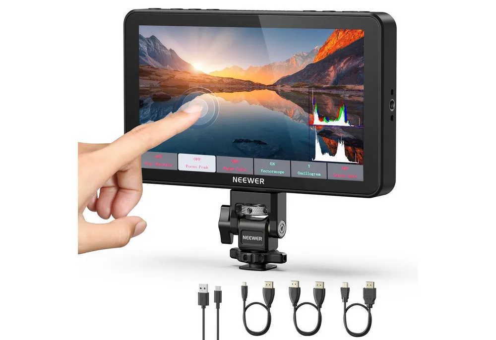 Neewer Kamerazubehör-Set F700 7" Kamera Feld Monitor, 2000nit HD 1920 x 1080 IPS Touchscreen, (Packung), mit 3D LUT, 4K HDMI Loop In/Out, DSLR Video Assist HDR Wellenform
