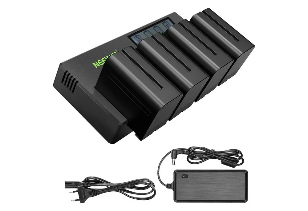 Neewer NP-F970 4er Pack 7,4V 6600mAh Ersatzbatterien, für Feldmonitor Kamera-Akku 6600 mAh, mit 4 Kanaligem Ladegerät und Netzteil, für NP-F970 QM71D Videoleuchte