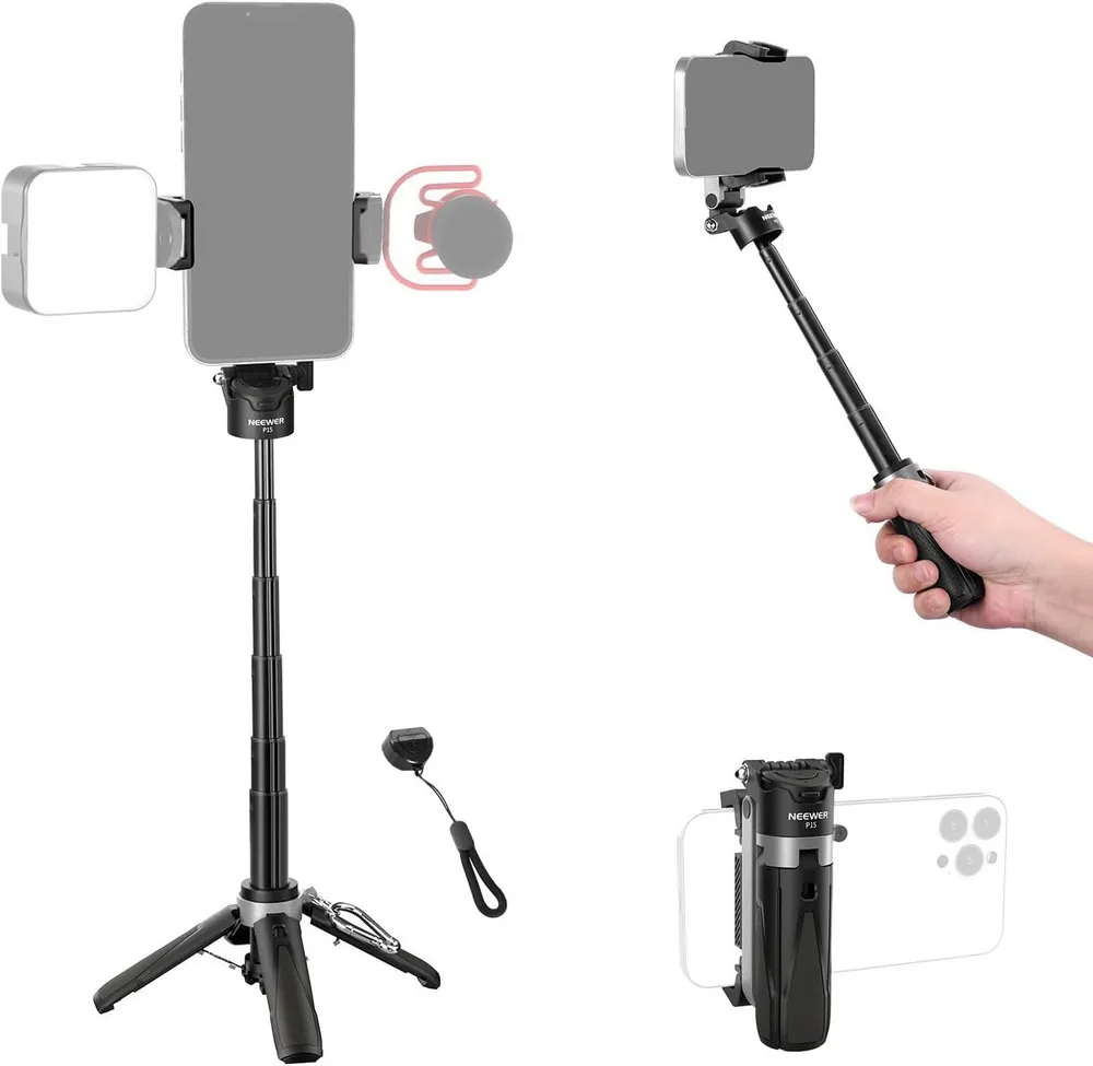 Neewer Selfie-Stick P15 Selfie Stick mit Bluetooth Fernbedienung & Kaltblitzschuh, 360° Handy Halterung, leichtes, faltbares Reisestativ für iPhone Vlogs