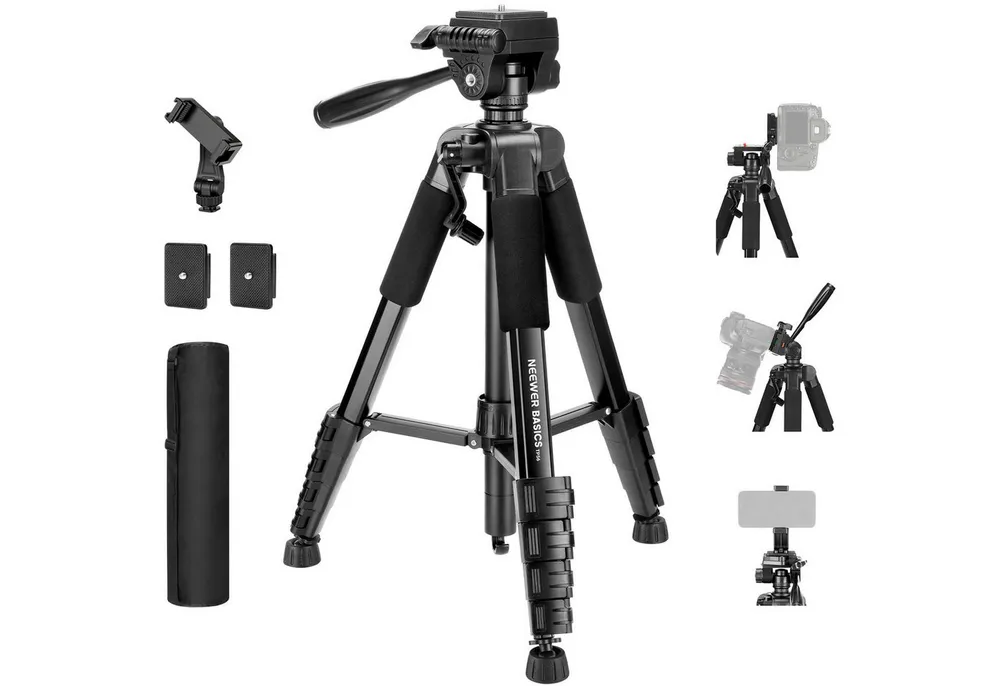 Neewer TP56 Basics Kamera Stativ, 188cm Tripod mit Handyhalterung Dreibeinstativ (leichtes, tragbares Reisestativ aus Aluminium mit 3 Wege Neigekopf)