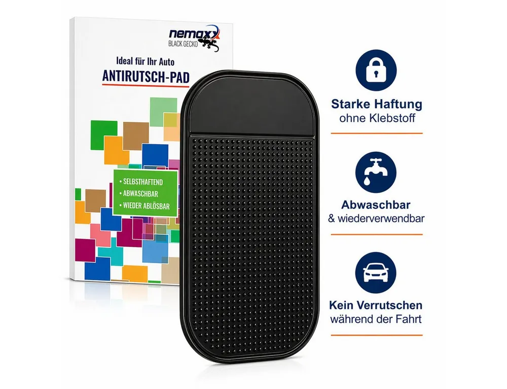NEMAXX Smartphone-Halterung Antirutsch-Pad Sets Antirutschmatte Nano Haftpad selbsthaftend schwarz, (Auto Armaturenbrett für Handy,Smartphone,Navi, Schlüssel - abwaschbar, 3-tlg., Haftet ohne Klebstoff, Magnet oder zusätzliche Befestigung dauerhaft)
