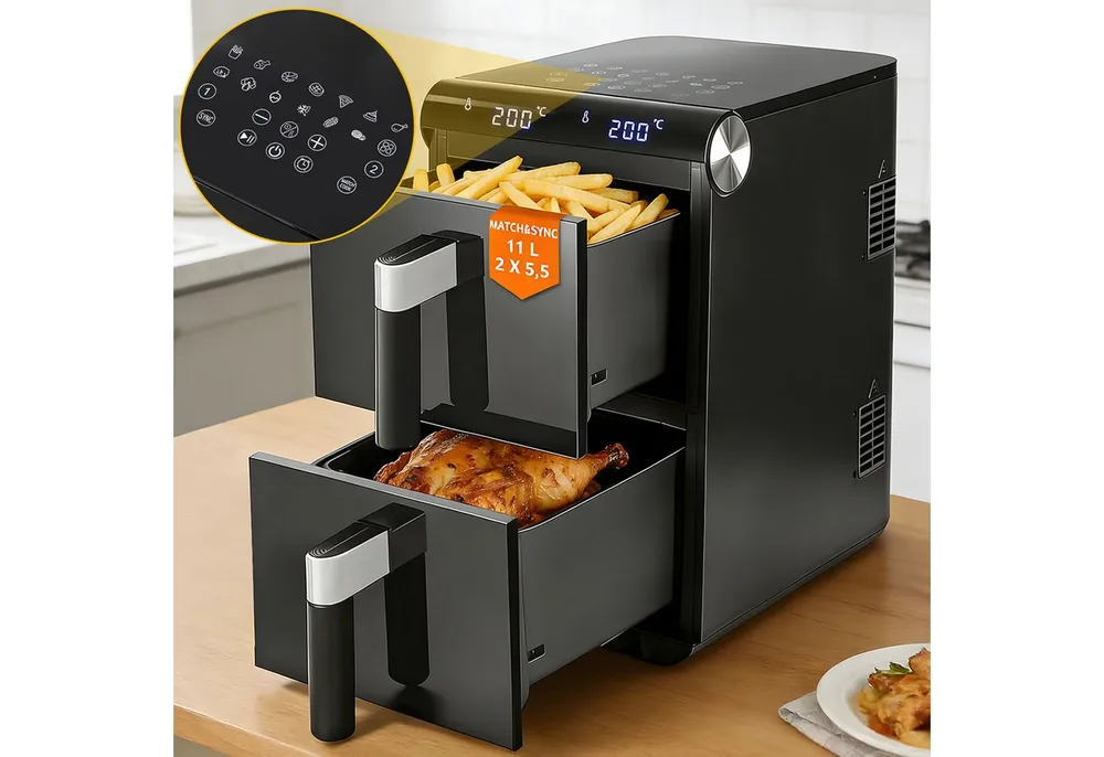 Nettlife Heißluftfritteuse Air fryer 2 unabhängigen Kammern 11L Gesamtvolumen 13-in-1 Doppelzonen-Funktion, 2800 W, Automatische Abschaltung Dual Zone Temperatursteuerung Timer