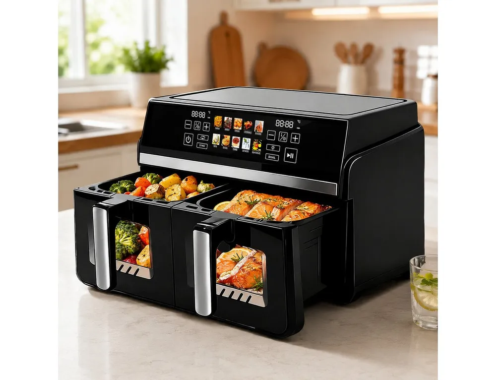 Nettlife Heißluftfritteuse Air fryer 2 unabhängigen Kammern 10/11L Gesamtvolumen 13-in-1 Doppelzonen-Funktion, 2200 W, Automatische Abschaltung Dual Zone Temperatursteuerung Timer