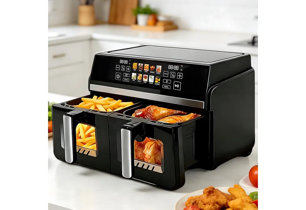Nettlife Heißluftfritteuse Air fryer Dual Zone 2 Kammern 10L Gesamtvolumen 2x5L Sichtfenster Touchscreen, 2200 W, SYNC & DUAL Technologie Timer 24h spülmaschinengeeignet