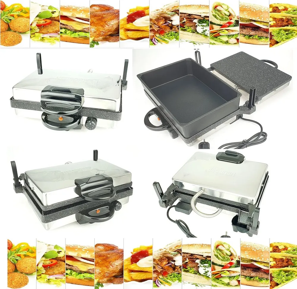 Neudorf Kontaktgrill Granit mit Kasserolle, 2000,00 W, 180° aufklappbar - doppelte Grillfläche, Grillplatte höhenverstellbar