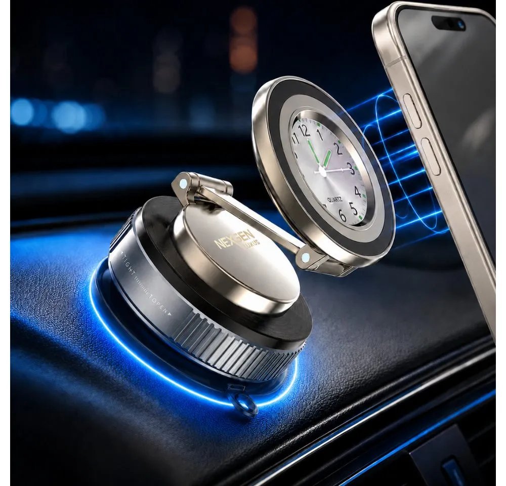 NEXGEN LUXUS HANDY-ZUBEHÖR Smartphone-Halterung Handyhalterung Auto Magnet KFZ Smartphone Halterung mit Uhr 360 NEU, (bis 7 Zoll, 1-tlg. Handyhalterung, Magnetischer Halt, edle Uhr & 360° Premium-Komfort)