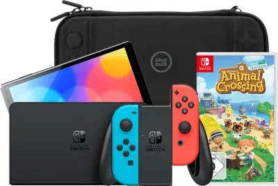 Nintendo Switch OLED Blau/Rot + Animal Crossing New Horizons + Bluebuilt Travel Case