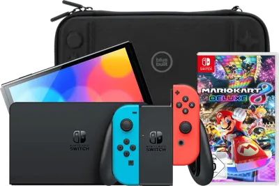 Nintendo Switch OLED Blau/Rot + Mario Kart 8 Deluxe + Bluebuilt Travel Case