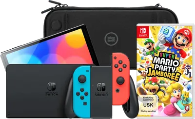Nintendo Switch OLED Blau/Rot + Mario Party Jamboree + BlueBuilt Schutzhülle