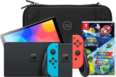 Nintendo Switch OLED Blau/Rot + Super Mario Galaxy 1+2 + BlueBuilt Schutzhülle