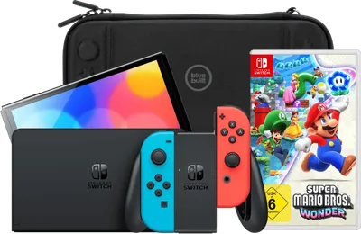 Nintendo Switch OLED Blau/Rot + Super Mario Bros. Wonder + BlueBuilt Schutzhülle