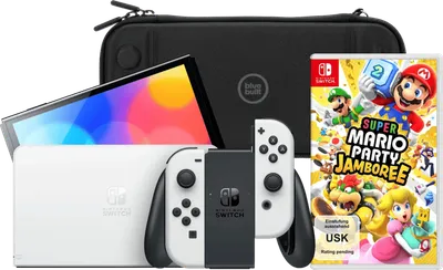 Nintendo Switch OLED Weiß + Mario Party Jamboree + BlueBuilt Schutzhülle