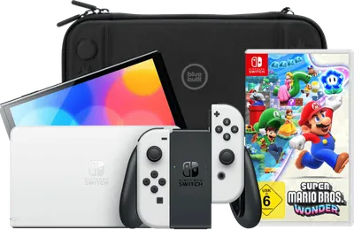 Nintendo Switch OLED Weiß + Super Mario Bros. Wonder + BlueBuilt Schutzhülle