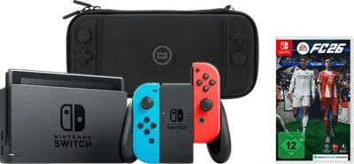 Nintendo Switch Rot/Blau + EA Sports FC 26 + BlueBuilt Schutzhülle