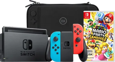 Nintendo Switch Rot/Blau + Mario Party Jamboree + BlueBuilt Schutzhülle