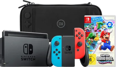 Nintendo Switch Rot/Blau + Super Mario Bros. Wonder + BlueBuilt Schutzhülle
