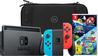 Nintendo Switch Rot/Blau + Super Mario Galaxy 1+2 + BlueBuilt Schutzhülle