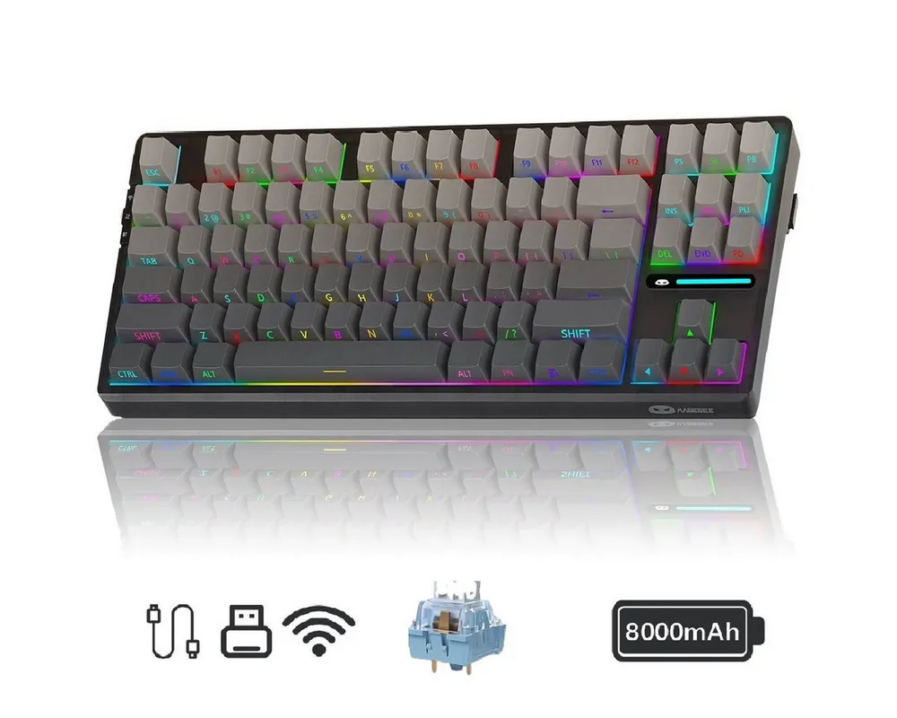 Novzep Gaming Tastatur Kabellose Mechanische Keyboard RGB Rainbow Tri-Modus Gaming-Tastatur (Kompakt 87 Tasten für Mac&Win,5 schallabsorbierende Schichten,PC)