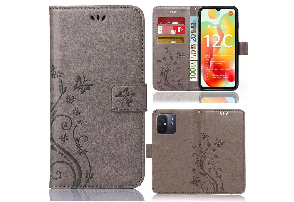 Numerva Handyhülle Bookstyle Flower für Xiaomi Redmi 12C, Handy Tasche Schutzhülle Klapphülle Flip Cover mit Blumenmuster